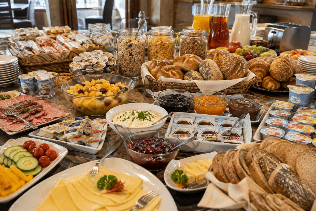 Fr&uuml;hst&uuml;ckbuffet mit Einweg-Verpackungen