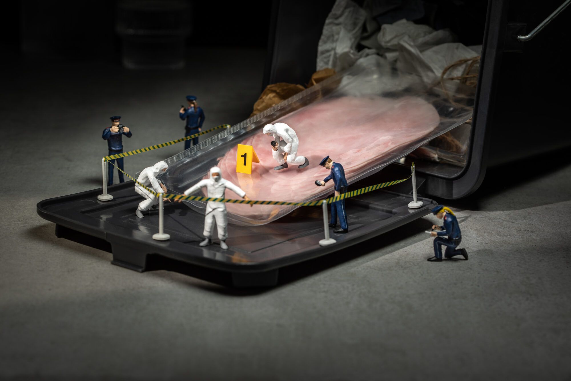 Miniaturpolizisten inspizieren den Tatort Tonne mit Schinken.