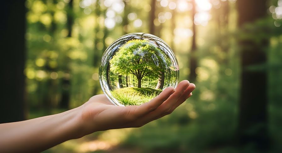 Glaskugel in der man die Reflektion der umliegenden Natur sieht