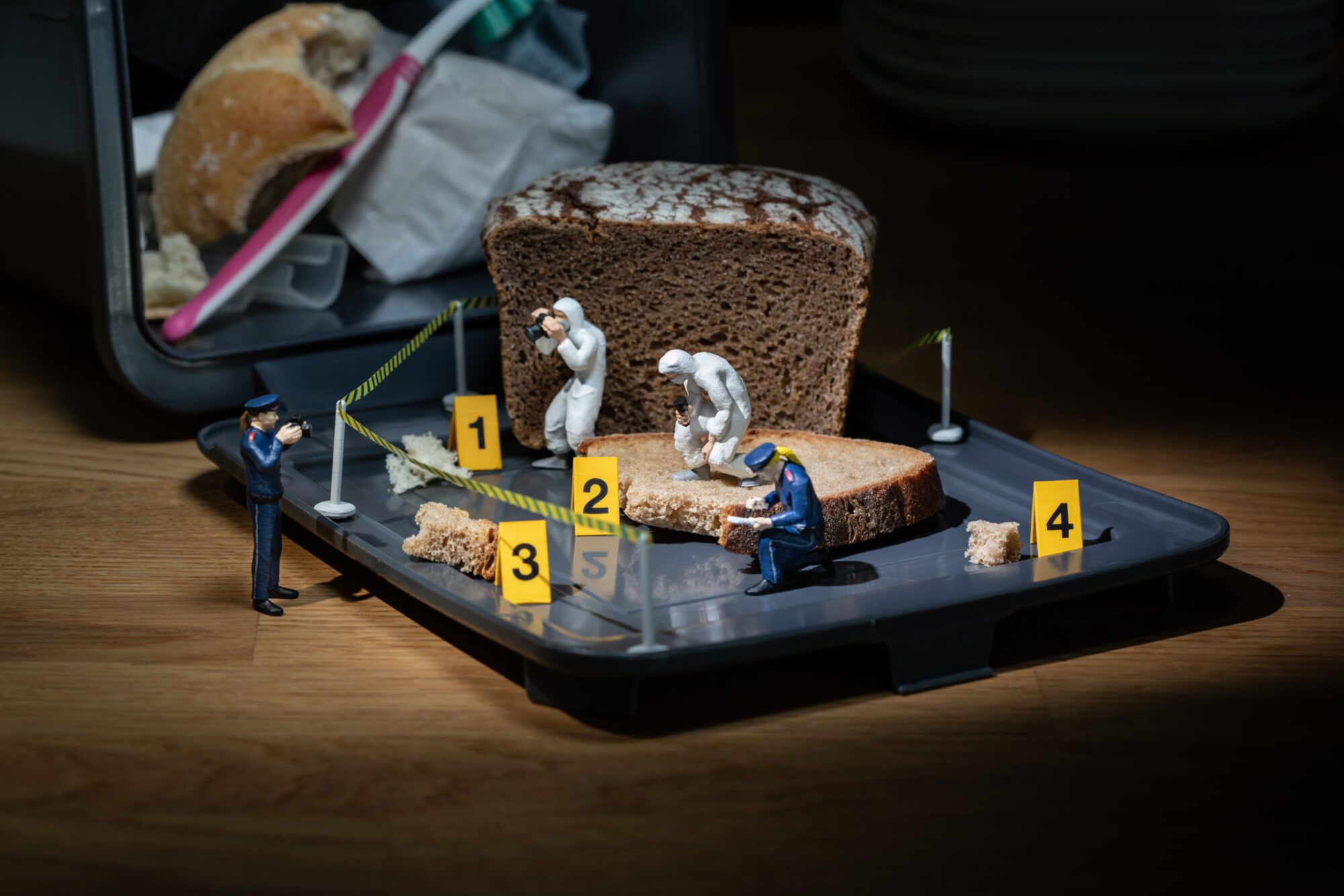 Miniaturpolizisten inspizieren den Tatort Tonne mit Brot und Geb&auml;ck.