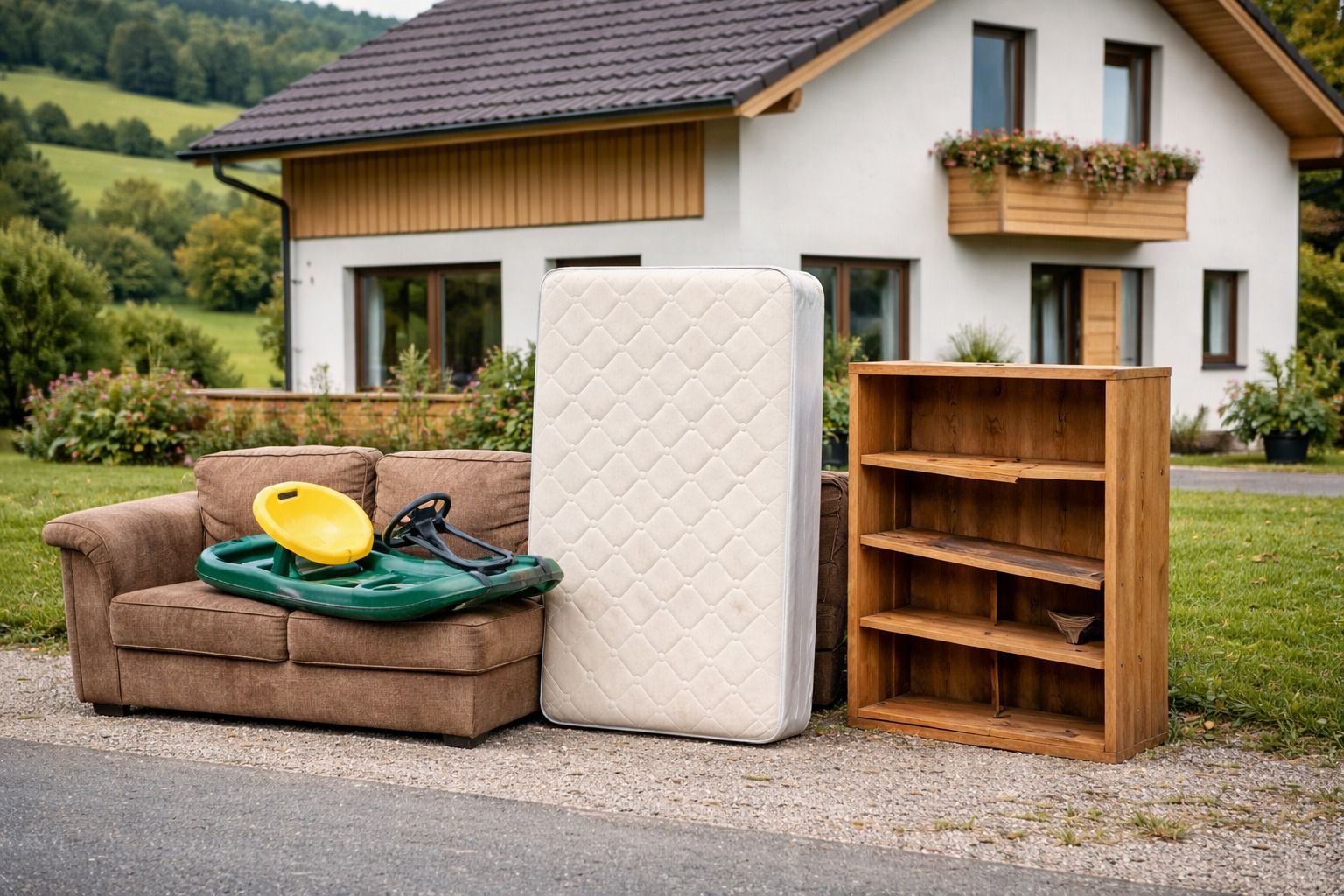 Sperrm&uuml;ll wird vor dem Haus bereitgestellt. Eine Couch, darauf ein Skibob, daneben ein Matratze und ein Holzregal.